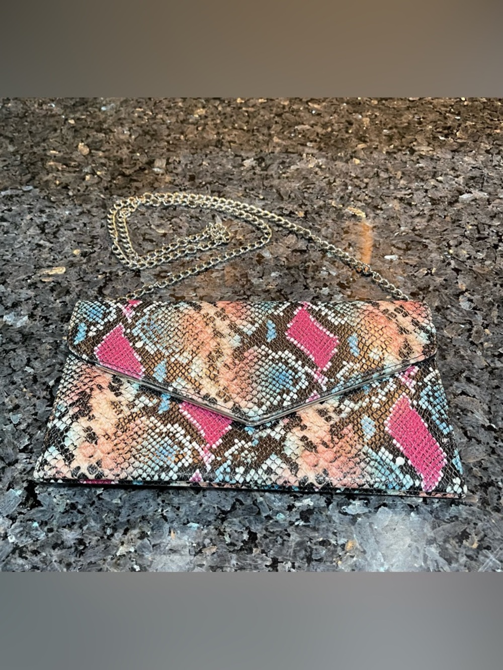 Pink & Blue Multi Snake-Embossed Envelope Clutch Crossbody w/ Silver Chain